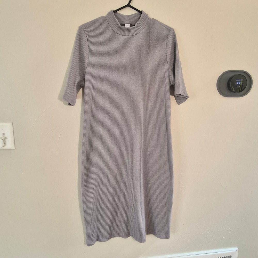 Old Navy Heather Grey Ribbed Knit Mock Neck T-Shirt Dress Lge Minimalist Modest